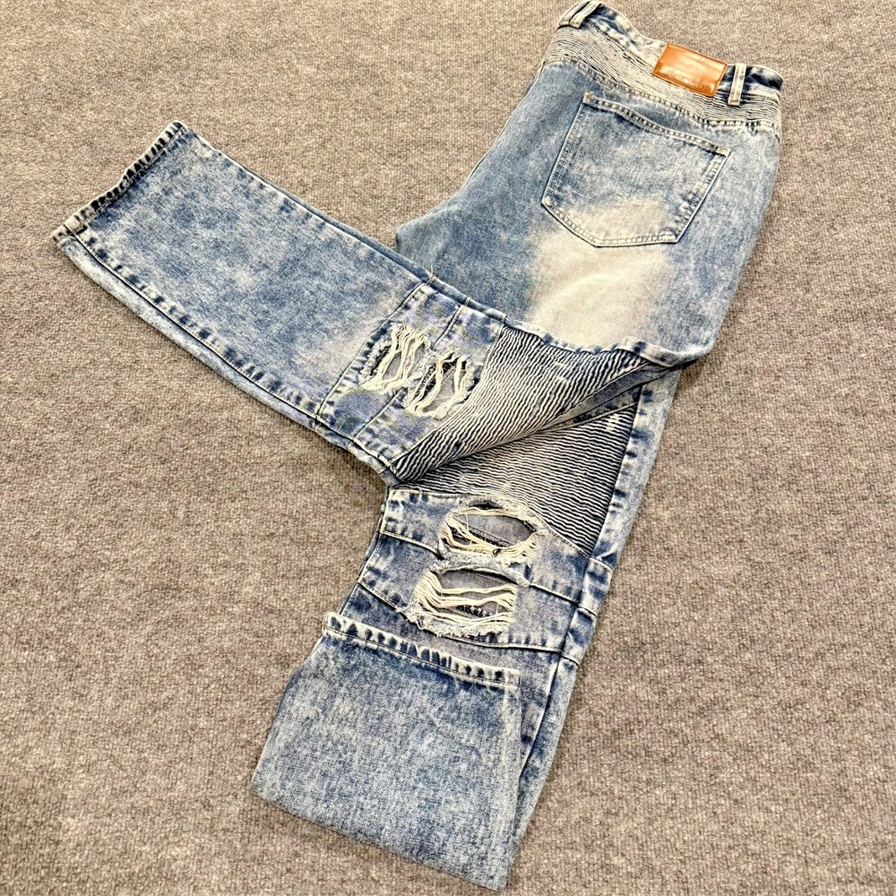 Imperious Men's 44x32 Moto Biker Jeans Distressed Ripped Acid Wash Blue Denim
